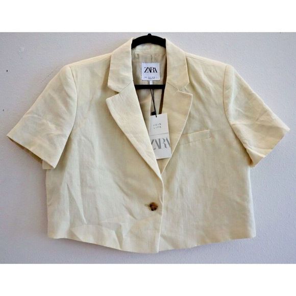 Zara Women's Sz Large Beige Basic Short Sleeved Linen Blend Cropped Blazer - Picture 1 of 7